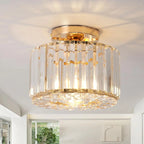 Ornate Art Deco chandelier with iron frame, vertical crystal prisms, round base, modern style.