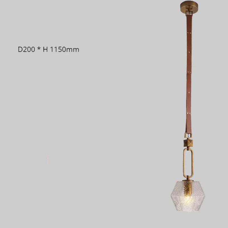 Modern glass ball chandelier with leather strap, metal accents. Measures D200 × H1150mm. Luxurious lighting fixture.