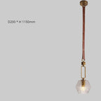 Modern glass ball chandelier with leather strap, metal accents. Measures D200 × H1150mm. Luxurious lighting fixture.