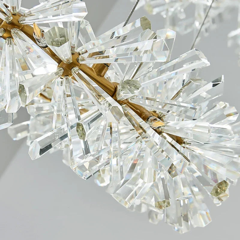 Maison Ornate Crystal Hallway Chandelier with gold frame, light rings, floral accents, and clear glass rods.