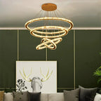 Maison Ornate Modern LED Crystal Hanging Light, geometric chandelier with sparkling crystals and modern design.