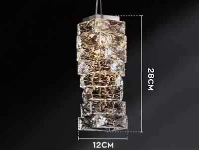 Layered, textured glass LED chandelier, modern design, 28 cm high by 12 cm wide.