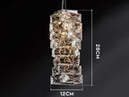 Layered, textured glass LED chandelier, modern design, 28 cm high by 12 cm wide.
