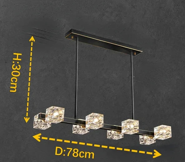 Seven-cube LED crystal chandelier with airy suspension, two black rods, modern style, 30x78 cm.