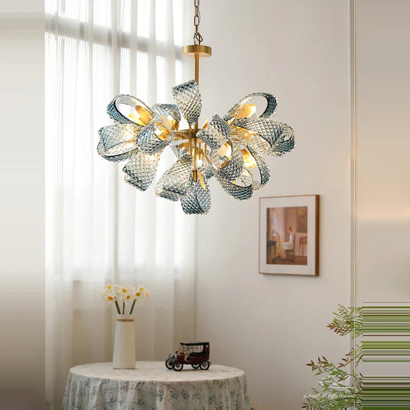 Maison Ornate Crystal Glass Chandelier features golden LED ribbon-textured glass loops elegantly suspended.