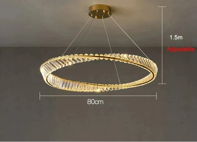 Maison Ornate Modern Crystal Industrial Chandelier in gold with remote, crystals, 80cm diameter, adjustable height.