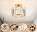Gold iron frame chandelier with cascading crystal rods, shown from various angles and detail views.