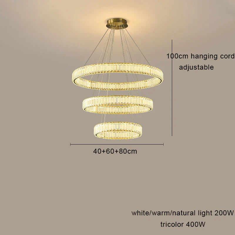 Modern LED chandelier with three adjustable crystal rings, tricolor dimming, and 200W/400W lighting options.