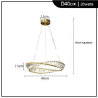 Twisted gold crystal chandelier, 40 cm diameter, adjustable drop to 150 cm, 20W, modern design.