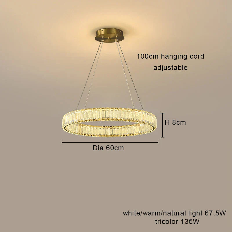 Modern LED crystal chandelier with gold mount, dimmable tricolor lighting, three adjustable cords, 60cm diameter.