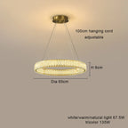 Modern LED crystal chandelier with gold mount, dimmable tricolor lighting, three adjustable cords, 60cm diameter.