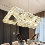 Maison Ornate Gold Crystal Pendant Light with modern square design and interlocking crystal frames, integrated LEDs.