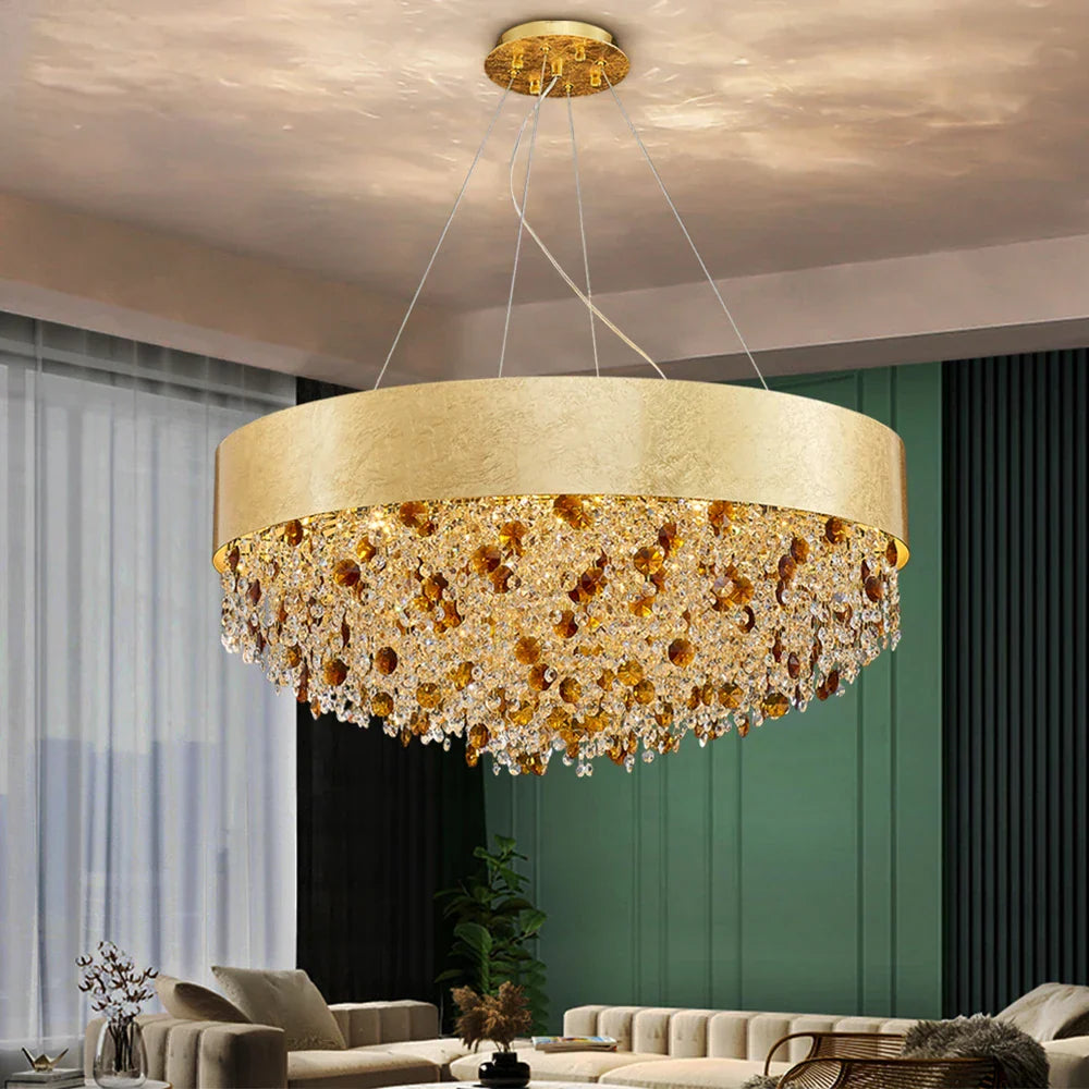 Maison Ornate Modern Dimmable Gold Crystal Glass LED chandelier with amber accents, elegant and striking.