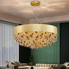 Maison Ornate Modern Dimmable Gold Crystal Glass LED chandelier with amber accents, elegant and striking.