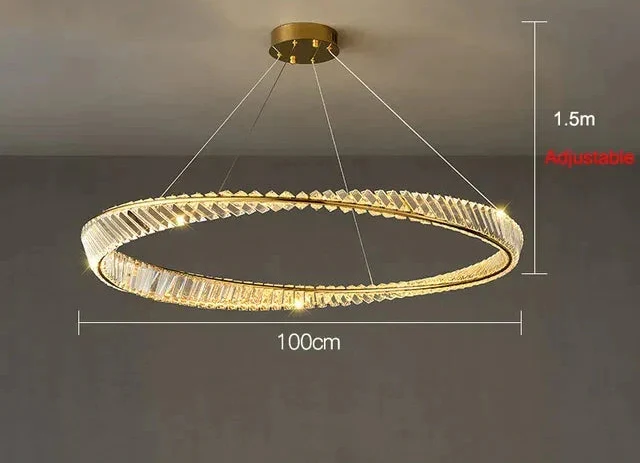 Gold-frame chandelier with crystals, remote control, adjustable wires, 100cm diameter, 1.5m hanging length.