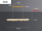 Gold rectangular LED chandelier with crystals, dimmable, adjustable cables, and a sleek matching ceiling mount.