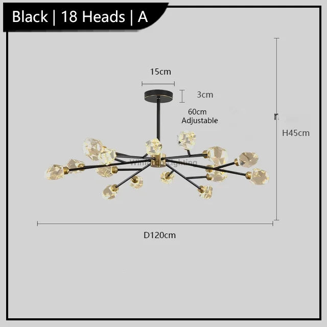 Postmodern chandelier with 18 gold crystal heads, energy-efficient LEDs, 120cm width, modern design.