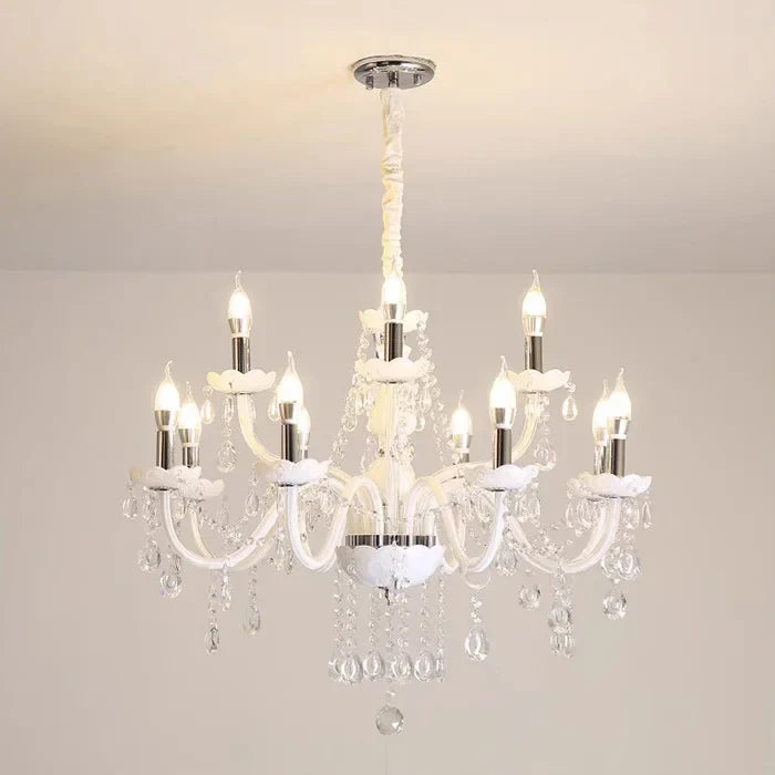 Maison Ornate Baroque chandelier with nine candle bulbs, curved glass arms, white and silver crystals.
