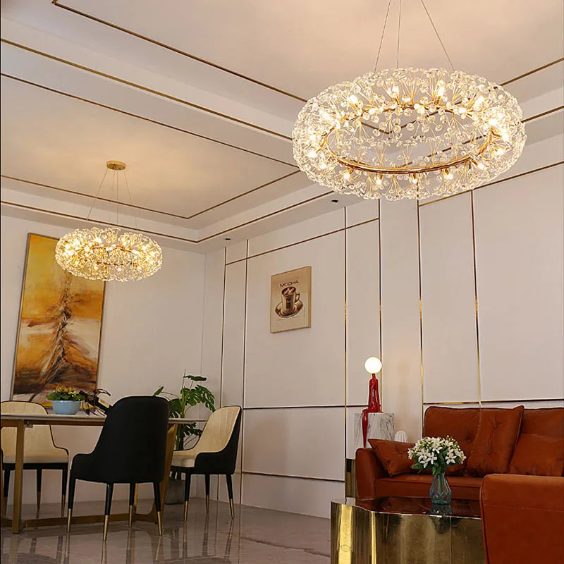 Two Maison Ornate LED Crystal Dandelion Style Hallway Chandeliers, elegant and modern lighting fixtures.