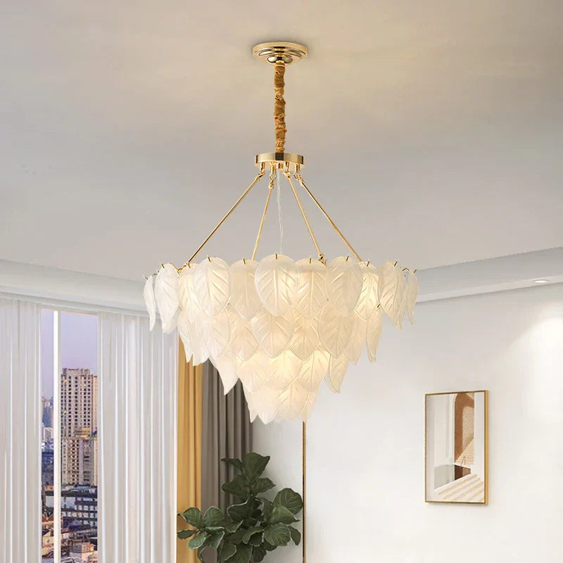 Maison Ornate Vintage Gold Crystal Chandelier with gold accents and layered translucent leaf panels.