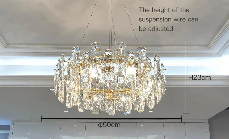 Gold-accented modern crystal LED chandelier, 50 cm diameter, 23 cm height, adjustable suspension wire.