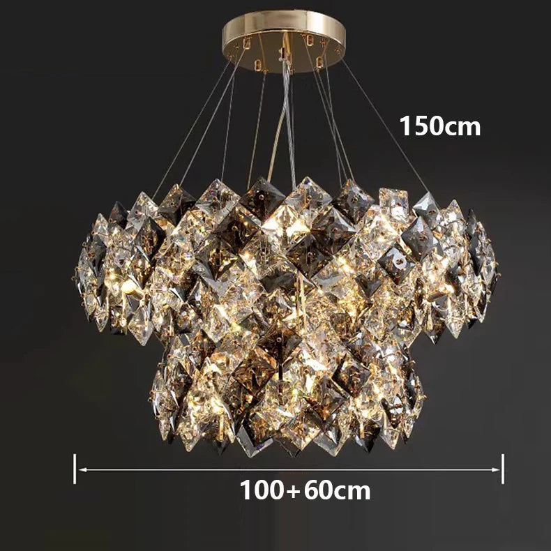 Elegant gold-mounted stainless steel crystal LED chandelier with tiered diamond glass, 150cm high, 160cm wide.