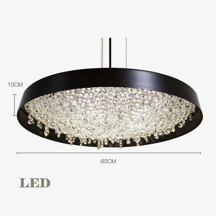 Maison Ornate Crystal Chandelier with black round frame, hanging crystals, and two metal rods, 80cm wide.