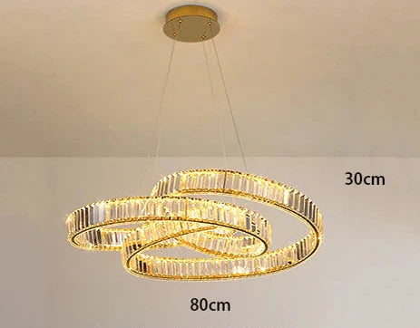 Art Deco chandelier with two minimalist LED rings, intertwined and suspended, 80 cm wide.