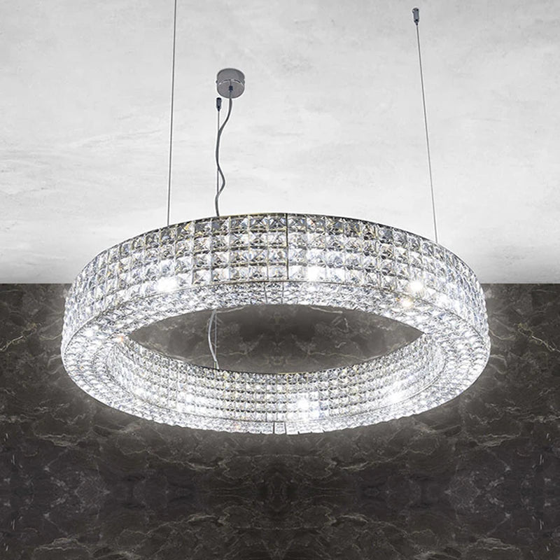 Maison Ornate Art Deco circular chandelier with LED lights, ring design, and bright sparkling crystals.