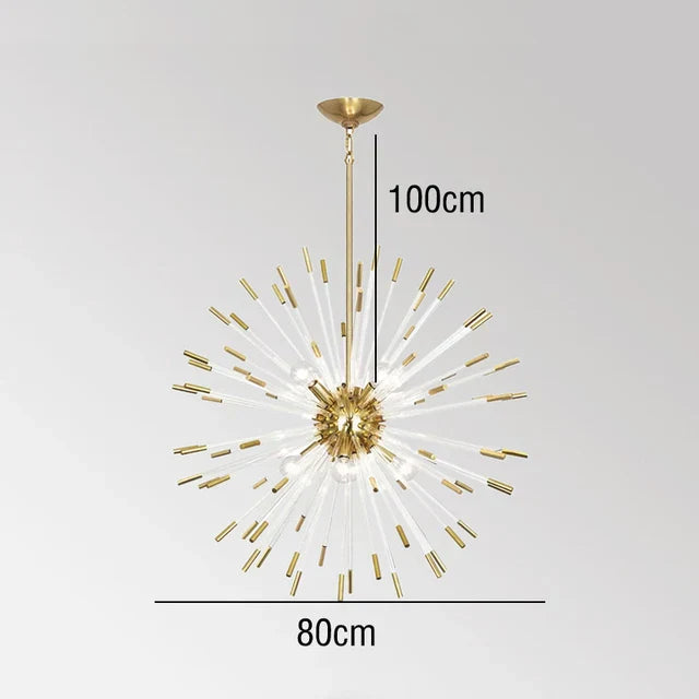 Modern sputnik chandelier with gold, clear rods, LED crystals; 100cm tall, 80cm wide.