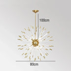 Maison Ornate golden crystal dandelion chandelier, LED-lit sphere with radiating rods and bulbs, 100x80 cm.