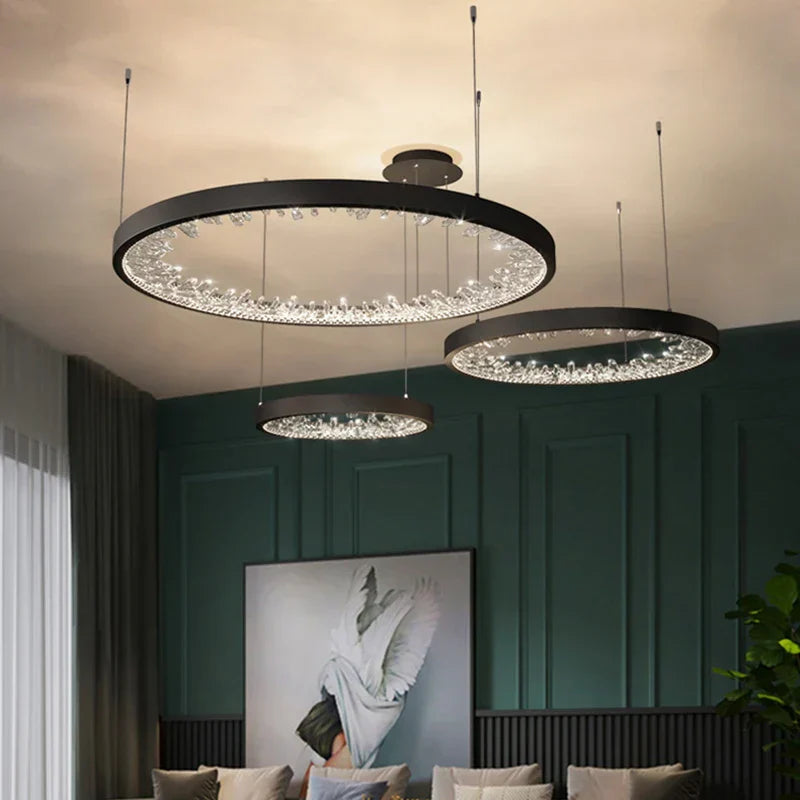Maison Ornate’s Modern Villa Crystal Chandelier features three dimmable LED fixtures, elegantly designed.