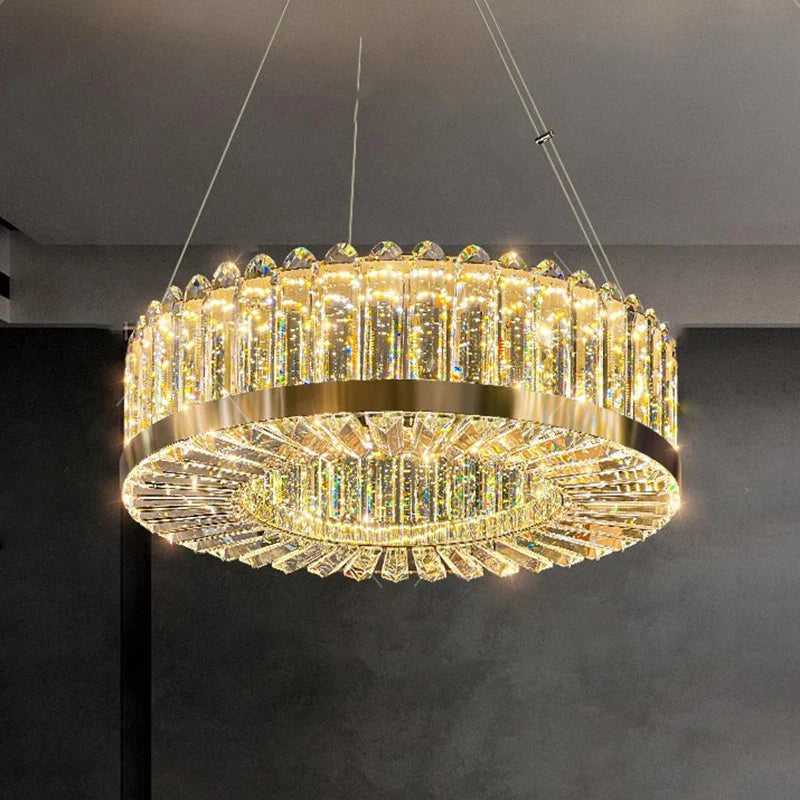 Maison Ornate Crystal LED Chandelier with geometric design, gold accents, and sparkling illumination.