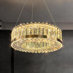 Maison Ornate Crystal LED Chandelier with geometric design, gold accents, and sparkling illumination.