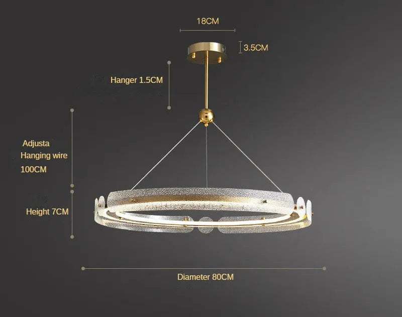Art Deco chandelier with crystal-like rings, gold finish, adjustable wire; minimalist Nordic design, 80cm diameter.