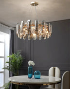 Maison Ornate Modern Crystal LED Luxury Ceiling Light with glass and metal accents, elegantly suspended.