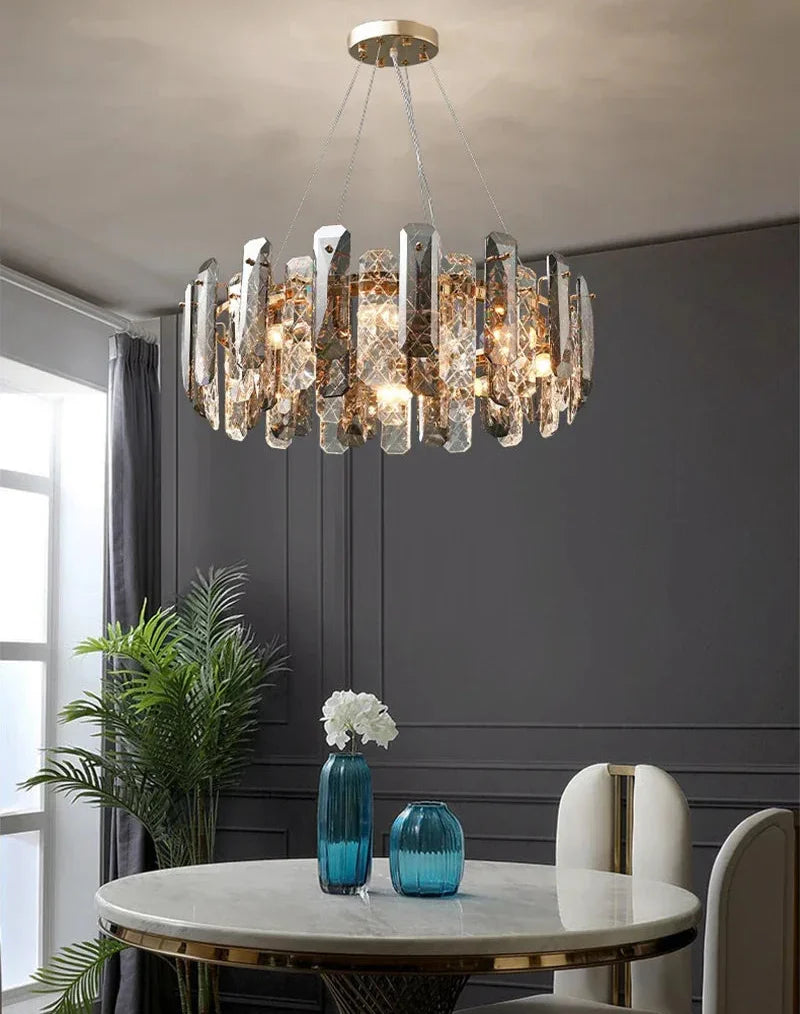 Maison Ornate Modern Crystal LED Luxury Ceiling Light with glass and metal accents, elegantly suspended.