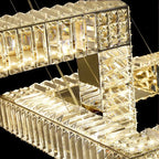 Modern square gold crystal pendant chandelier with rectangular segments and integrated LED lighting, sparkling effect.