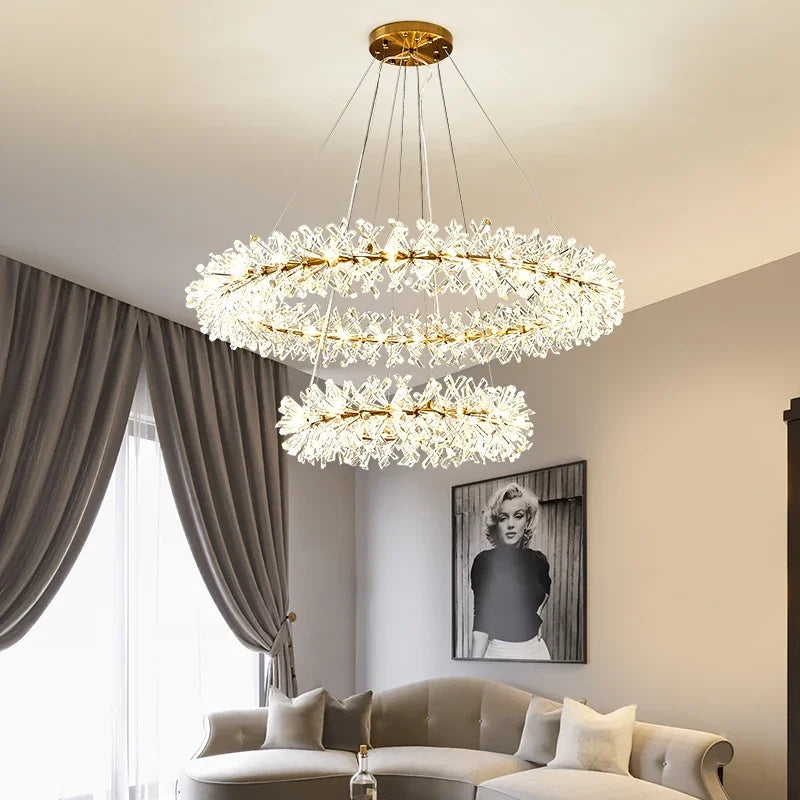 Maison Ornate Modern Crystal Chandelier with elegant LED hanging rings, sparkling contemporary lighting centerpiece.