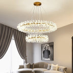 Maison Ornate Modern Crystal Chandelier with elegant LED hanging rings, sparkling contemporary lighting centerpiece.