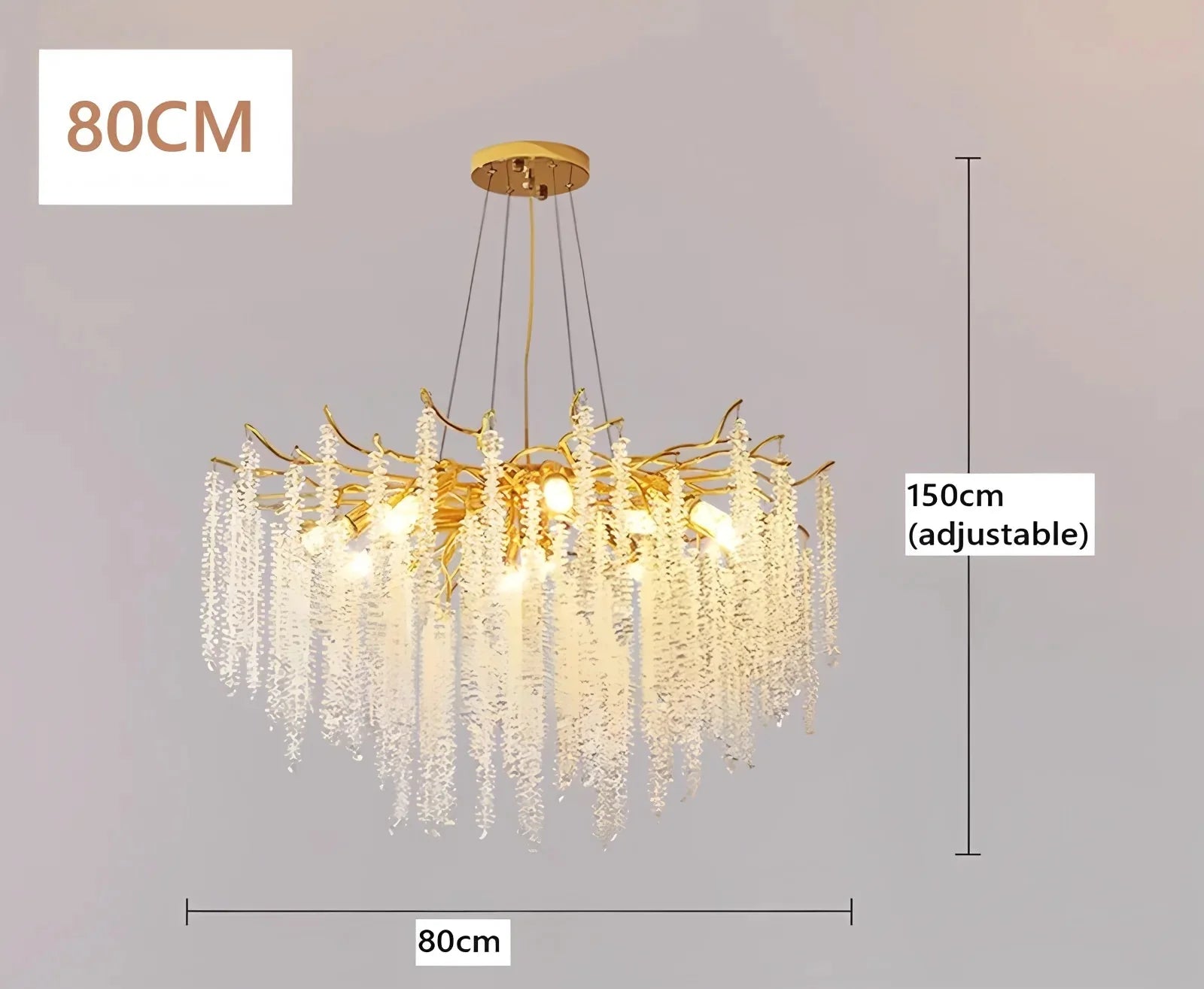 Gold-frame modern chandelier with crystal-like strands, eight bulbs, ornate design, adjustable hanging length.