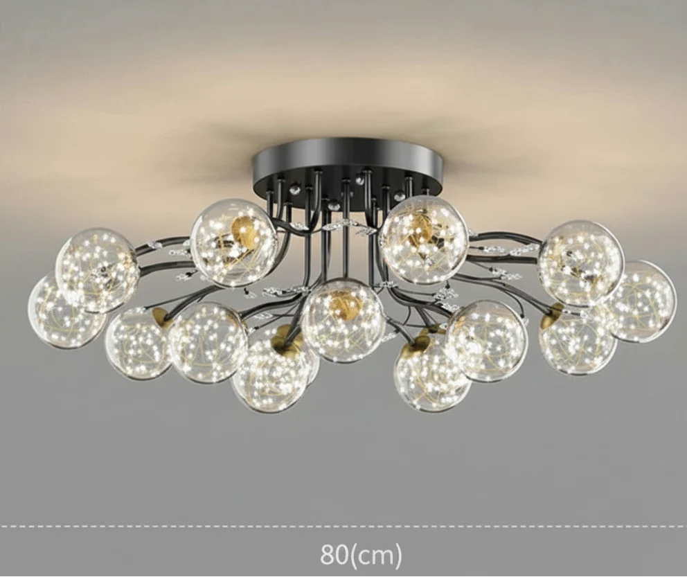 Modern chandelier with clear glass spheres, black branching arms, and LED star accents, 80cm diameter.