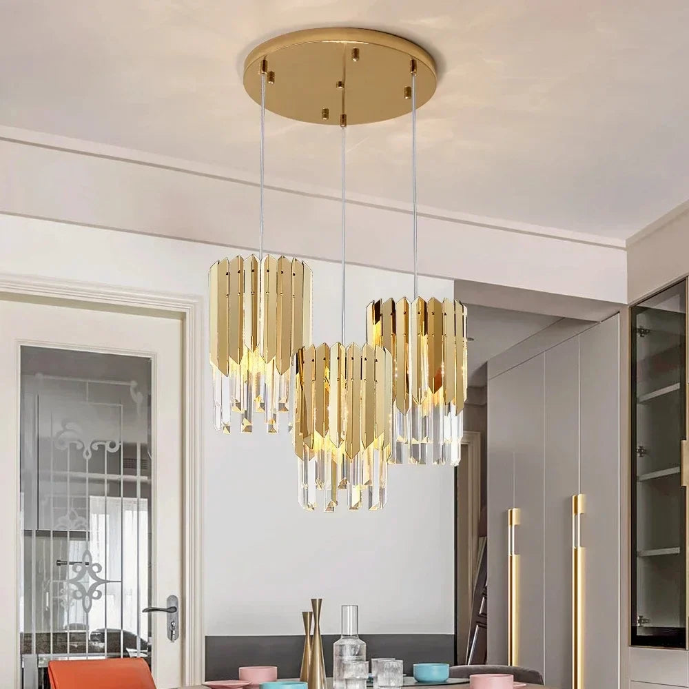 Maison Ornate Round Gold Industrial Crystal Chandelier with LED, featuring intricate gold accents and sparkling crystals.