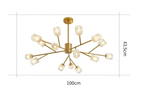 Modern Nordic LED chandelier with 12 glass lampshades and angular arms, 100 cm wide, product-focused.