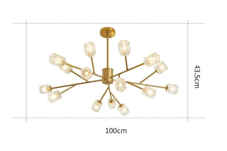 Modern Nordic LED chandelier with 12 glass lampshades and angular arms, 100 cm wide, product-focused.
