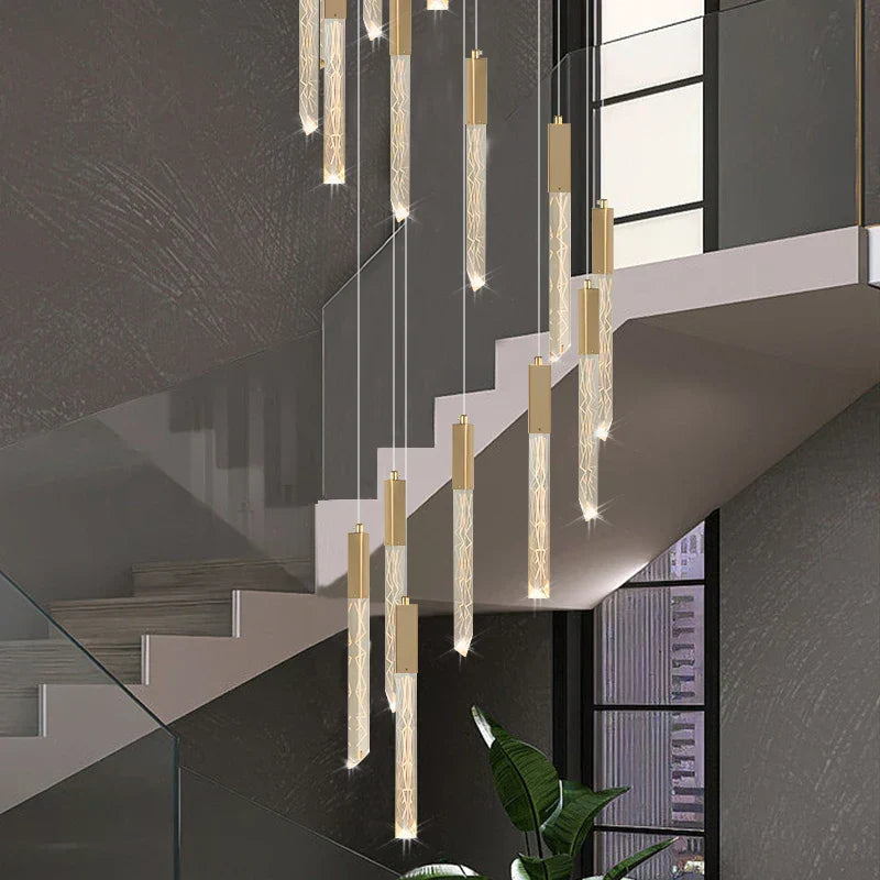 Maison Ornate Spiral LED Crystal Chandelier with gold-finish, multi-height lights for modern elegance.