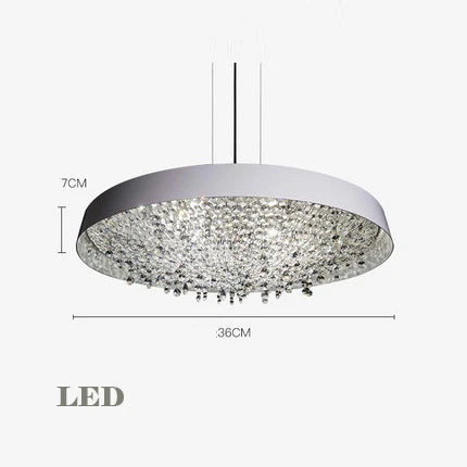 Modern round crystal chandelier with silver frame, two suspension wires, 36cm diameter, 7cm height.