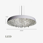 Modern round crystal chandelier with silver frame, two suspension wires, 36cm diameter, 7cm height.