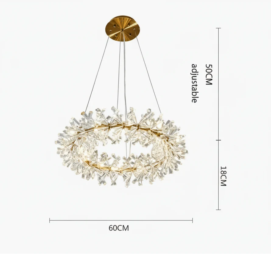 Circular modern crystal chandelier with LED rings, 60cm wide, height adjustable up to 50cm.