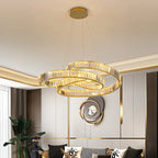 Maison Ornate Art Deco Crystal Chandelier features three interlocking minimalist LED rings, elegant modern design.